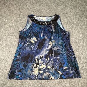Y2K Boho Tank Blouse 2X Blue Watercolor Artsy Beaded‎ Neck Festival Glam Fairy